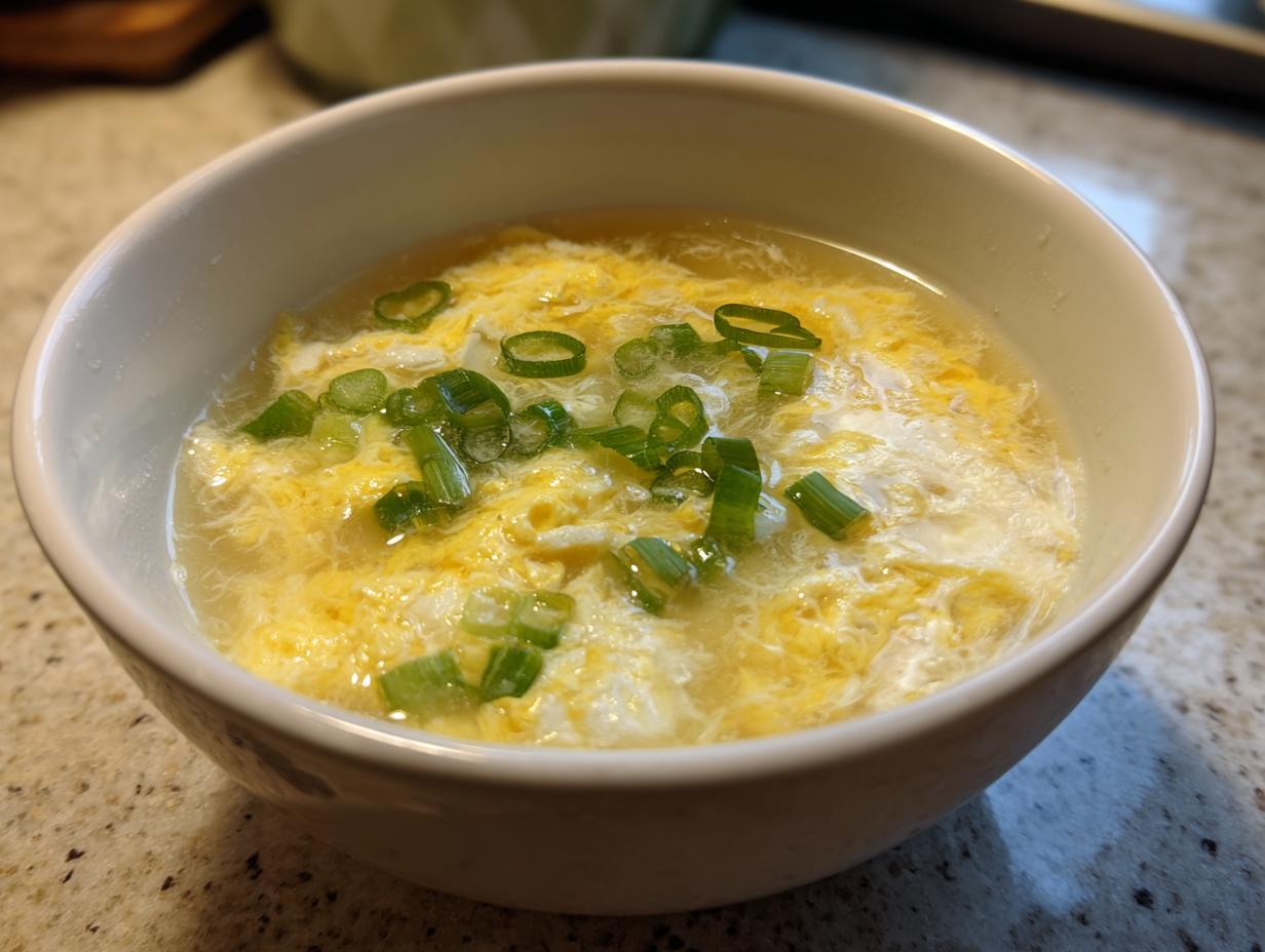 A white bowl filled with steaming egg drop soup, featuring delicate ribbons of cooked egg and topped with fresh green scallions.