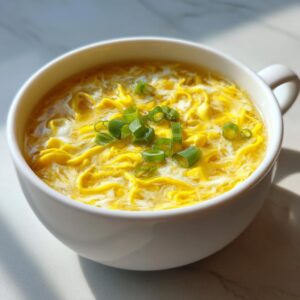 A white mug filled with bright yellow egg drop soup, garnished with fresh green scallions.