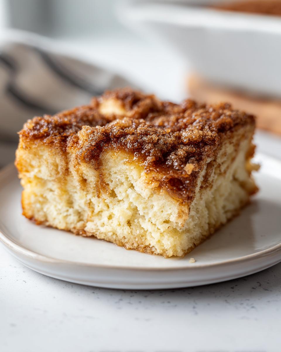 Close-up of a square slice of baked french toast casserole topped with a thick, sugary cinnamon streusel.