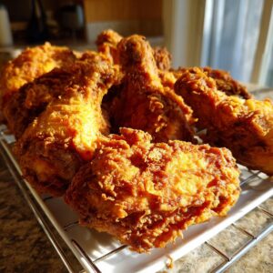 A pile of perfectly cooked, golden brown fried chicken pieces resting on a white draining rack.
