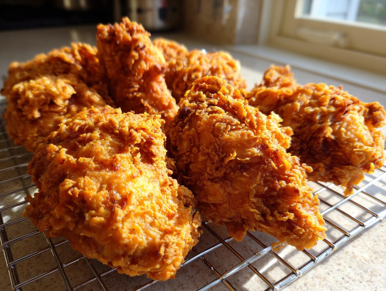 Close-up of several pieces of perfectly golden and crispy fried chicken resting on a wire cooling rack.