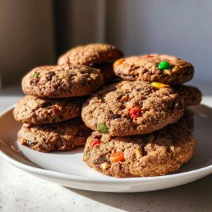 A stack of freshly baked fruitcake cookies loaded with colorful candied fruit, resting on a white plate.