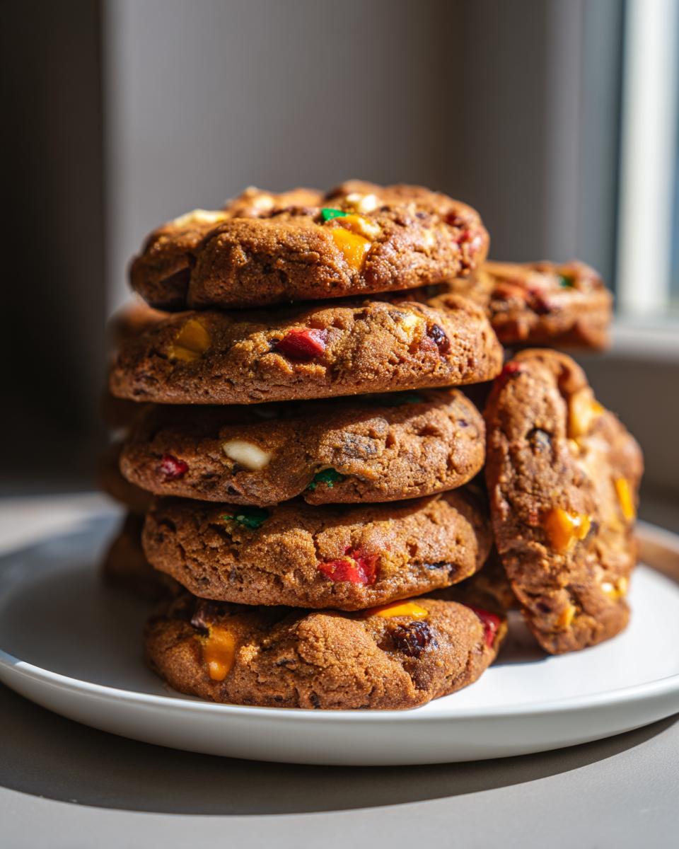 A tall stack of freshly baked fruitcake cookies loaded with colorful dried fruit and candy pieces, sitting on a white plate.