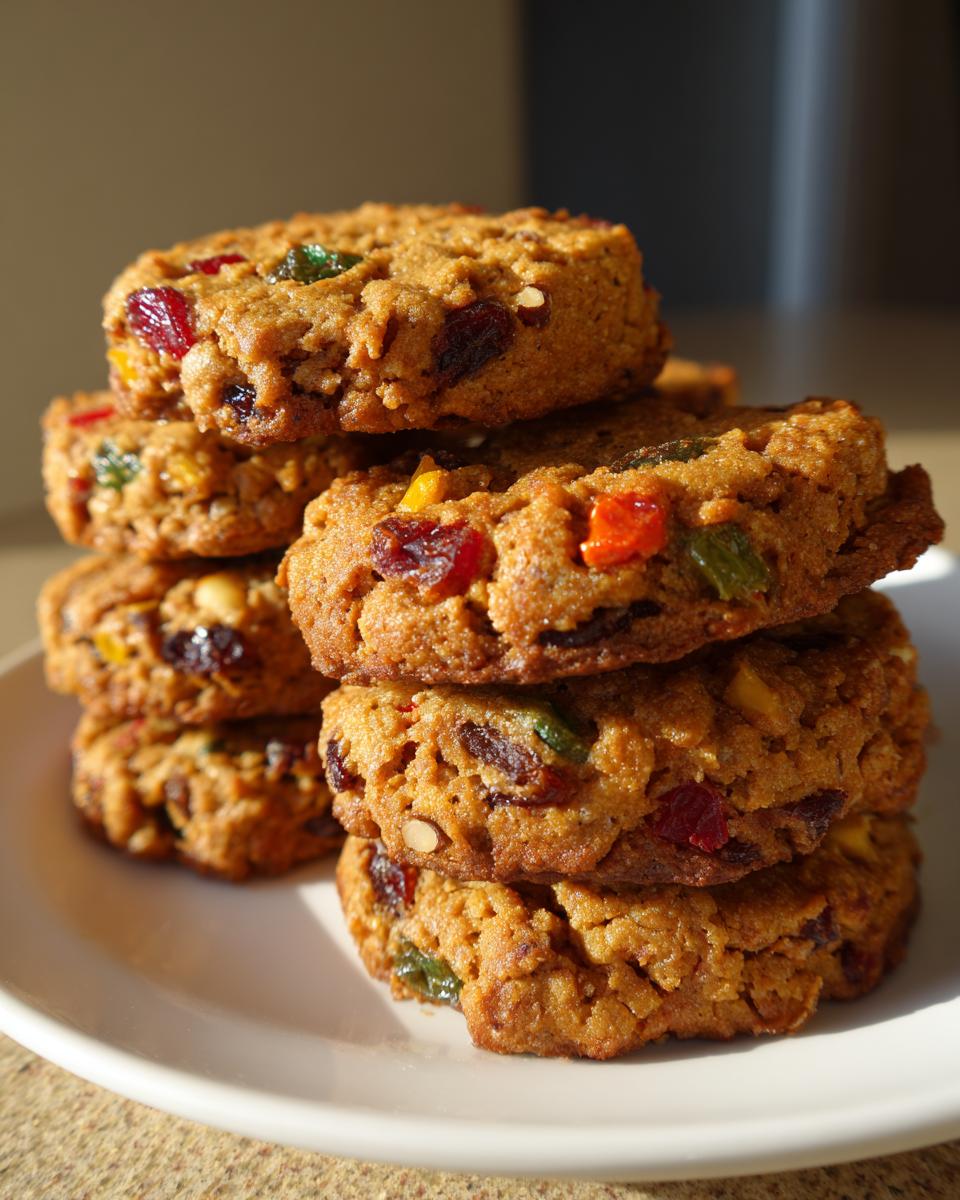 A tall stack of freshly baked fruitcake cookies filled with colorful candied fruit pieces on a white plate.