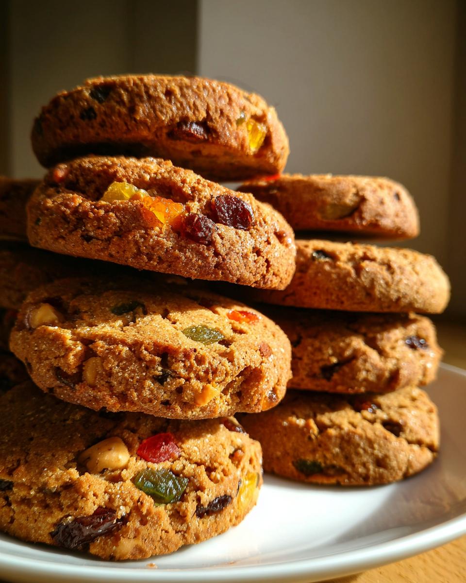 A tall stack of freshly baked fruitcake cookies loaded with colorful candied fruit and nuts, highlighted by dramatic sunlight.
