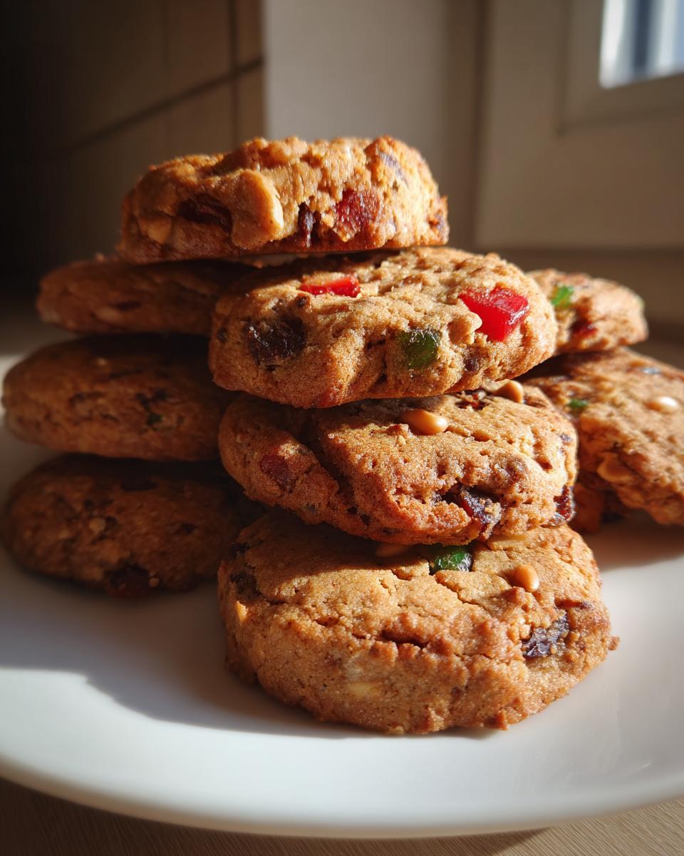 A stack of freshly baked fruitcake cookies featuring visible candied fruit pieces and nuts, beautifully lit by sunlight.