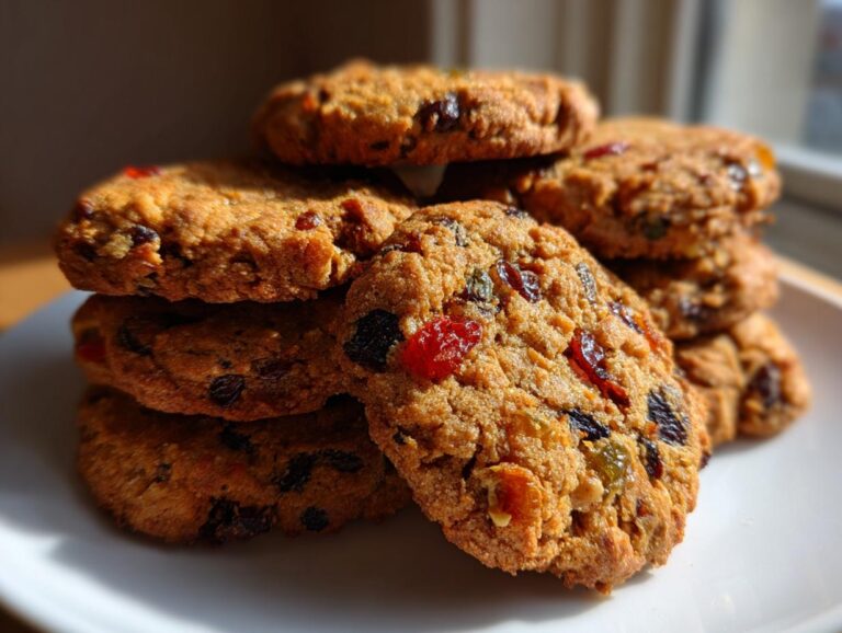 A close-up stack of freshly baked fruitcake cookies loaded with colorful dried and candied fruit pieces.
