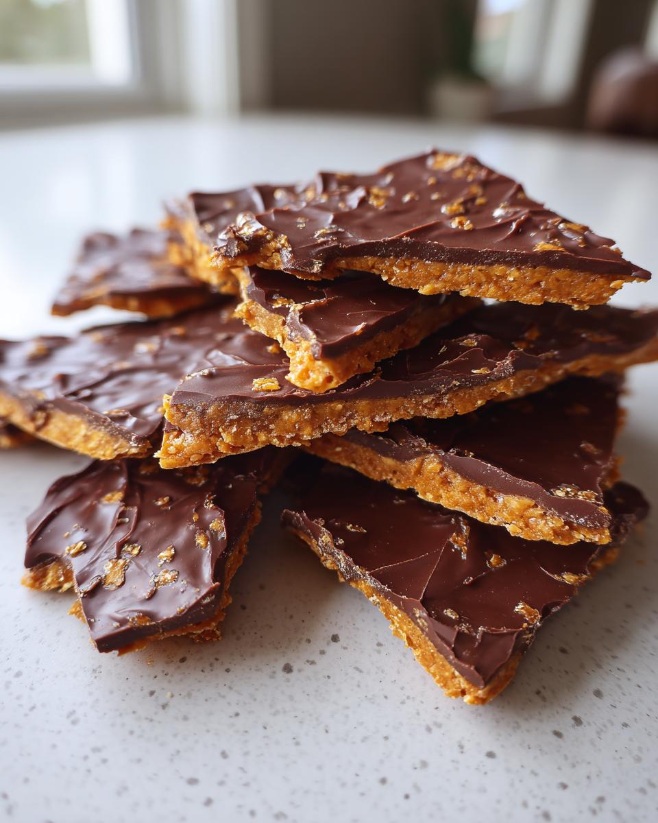 A stack of broken pieces of amazing graham cracker toffee with a thick chocolate topping on a light countertop.