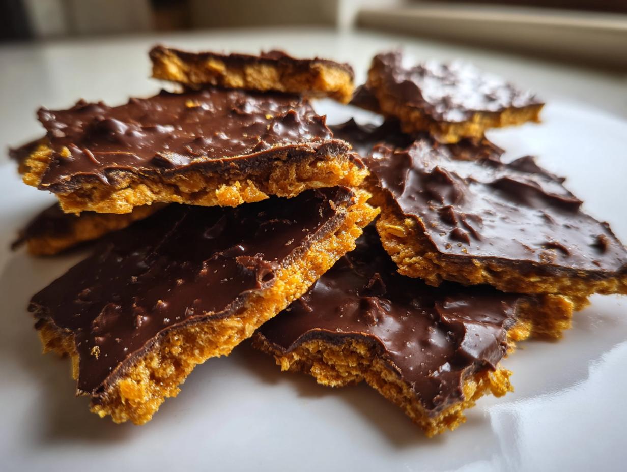 Close-up of broken pieces of amazing graham cracker toffee topped with rich, dark chocolate.