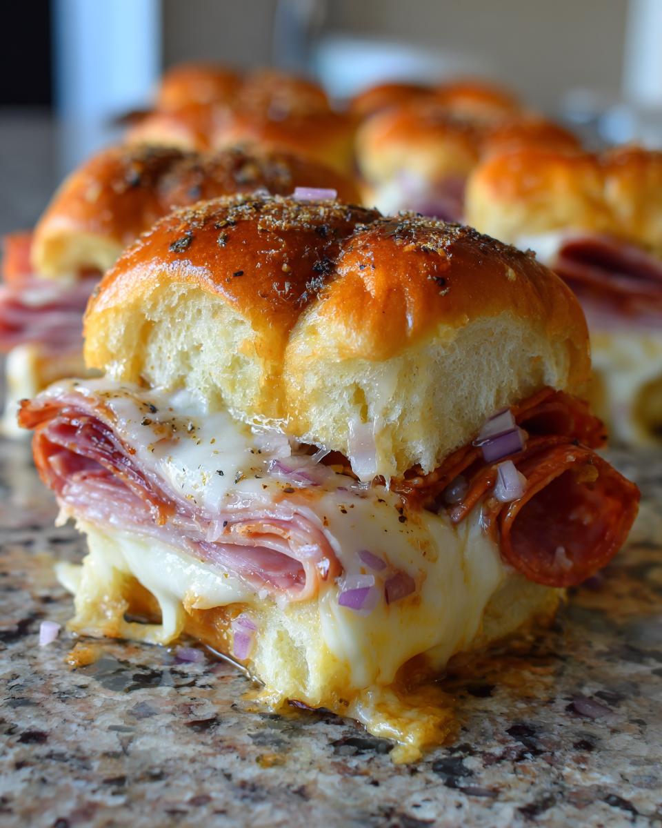 A close-up of one of the amazing grinder sliders, featuring melted white cheese, layered deli meats, and diced red onion on a seasoned bun.