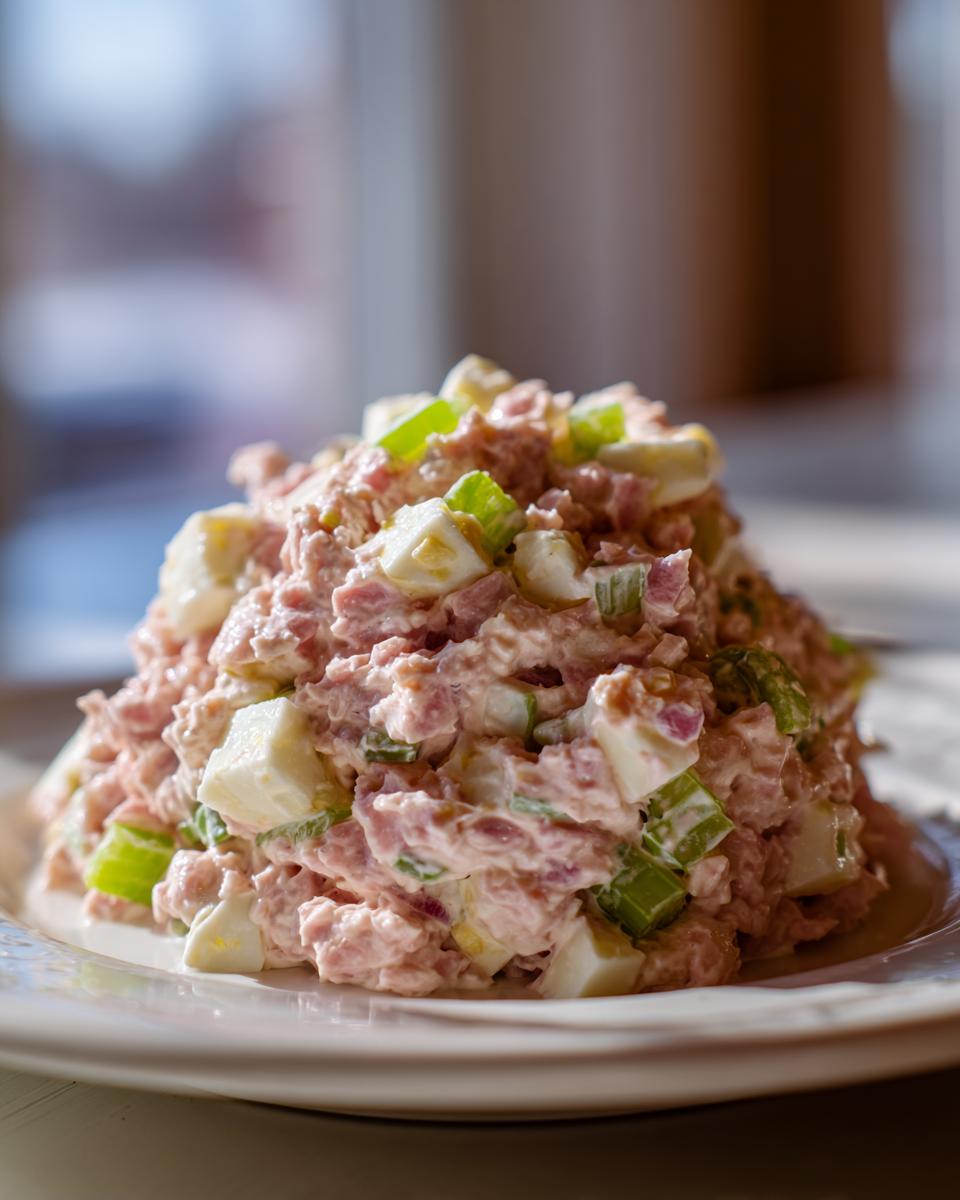 A generous mound of creamy ham salad recipe mixed with chopped celery and hard-boiled eggs, served on a white plate.