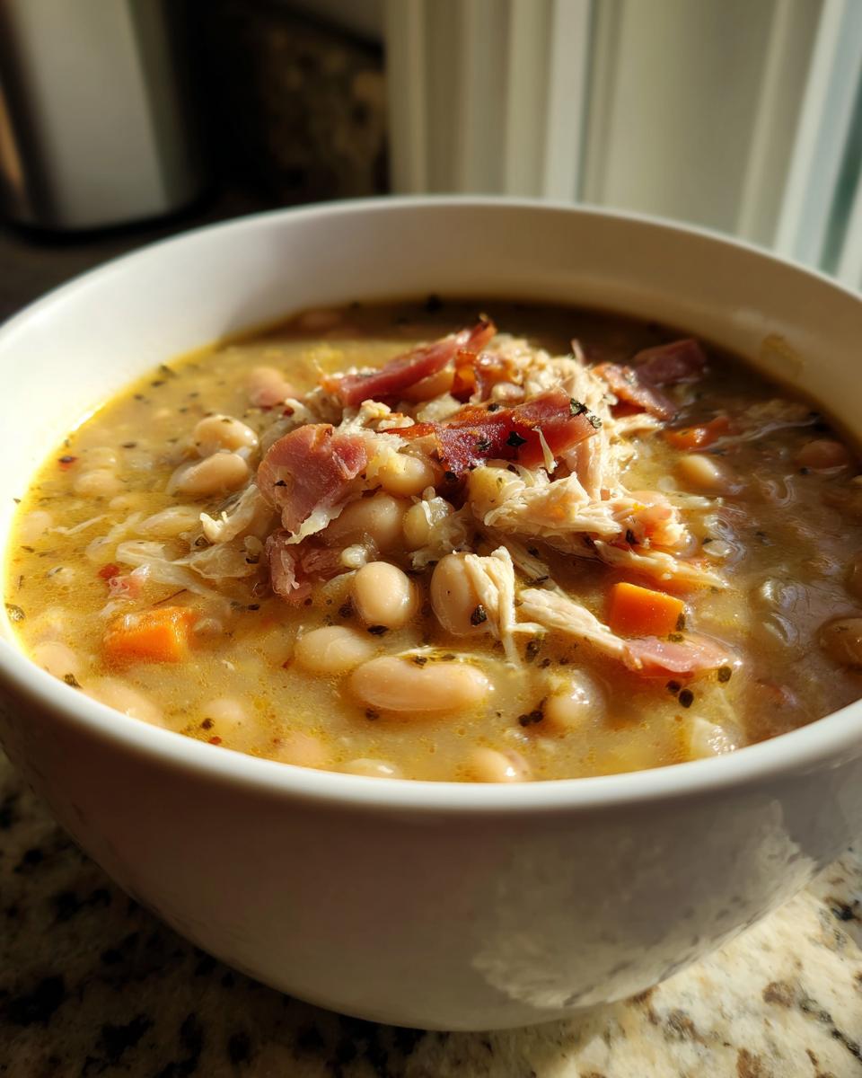 Close-up of a white bowl filled with creamy navy bean soup, topped with shredded chicken and diced ham.