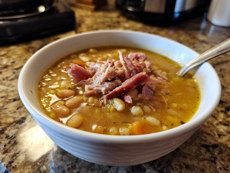 A close-up of a white bowl filled with rich, savory navy bean soup topped with shredded ham.