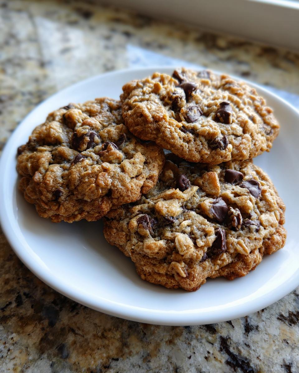 Three freshly baked, chewy chocolate chip oatmeal cookies stacked slightly on a white plate.