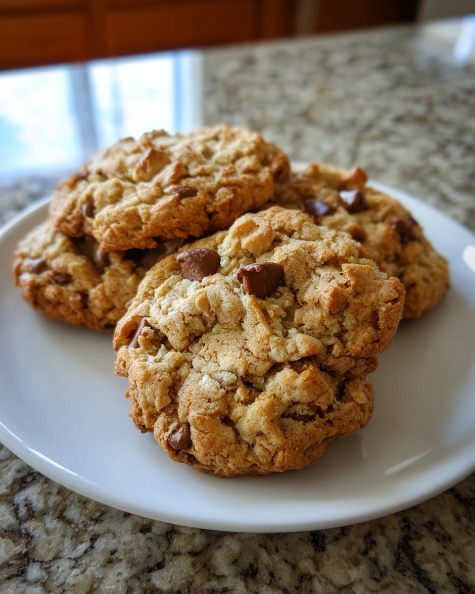 A stack of warm, chewy oatmeal cookies studded with chocolate chips resting on a white plate.