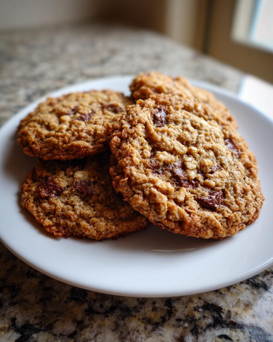 A stack of four golden brown, chewy oatmeal cookies with visible chocolate chips resting on a white plate.
