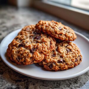 A stack of four golden brown, chewy oatmeal cookies with visible chocolate chips on a white plate.