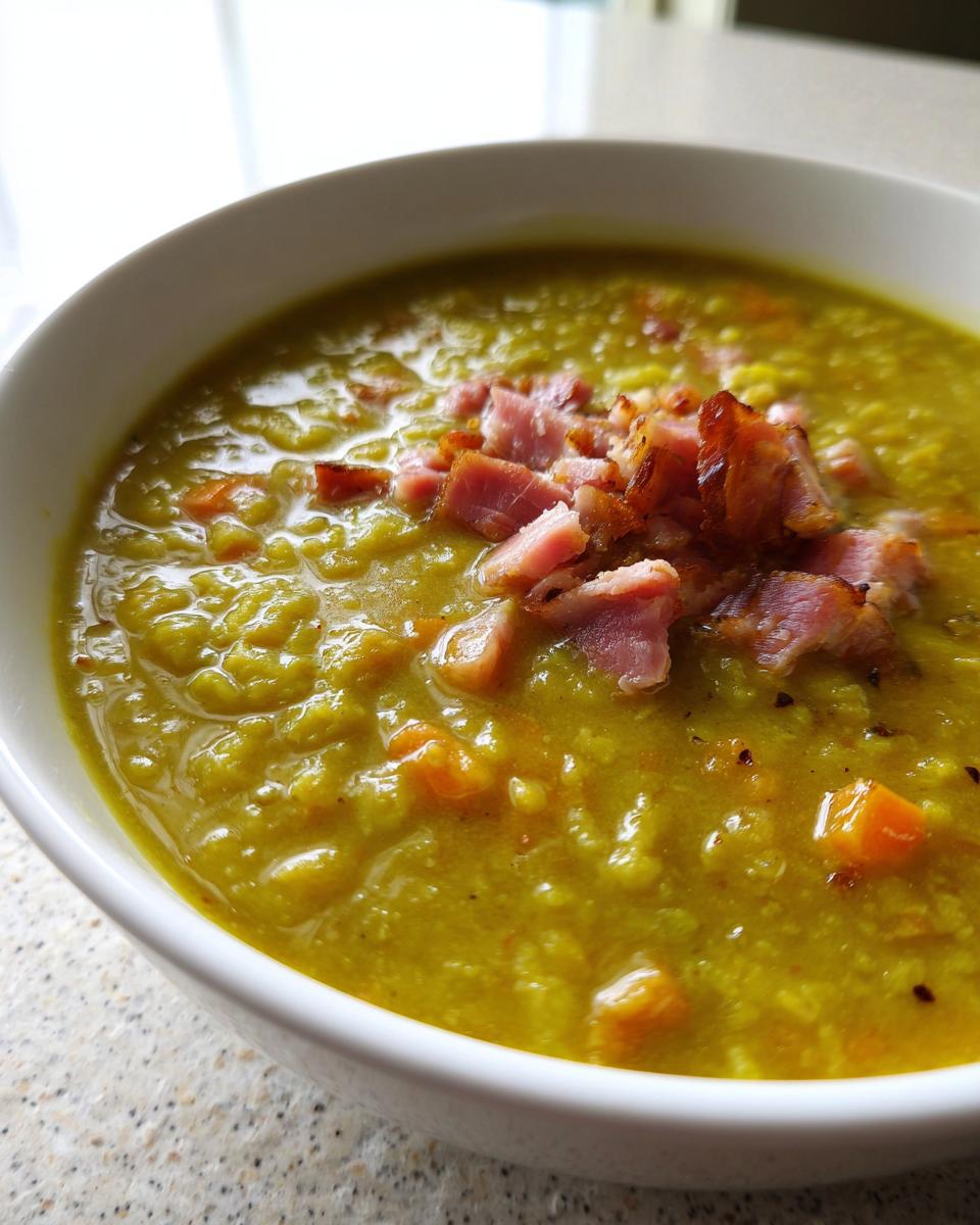 Close-up of a thick, yellow-green bowl of pea soup garnished with diced, crispy ham pieces.