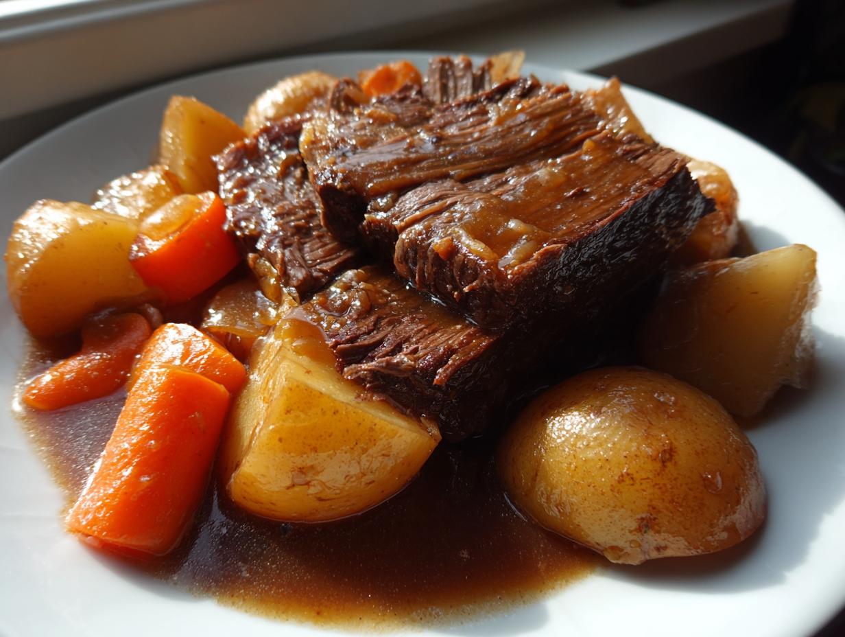 Close-up of tender, shredded pot roast served with chunks of potatoes and carrots in rich brown gravy.