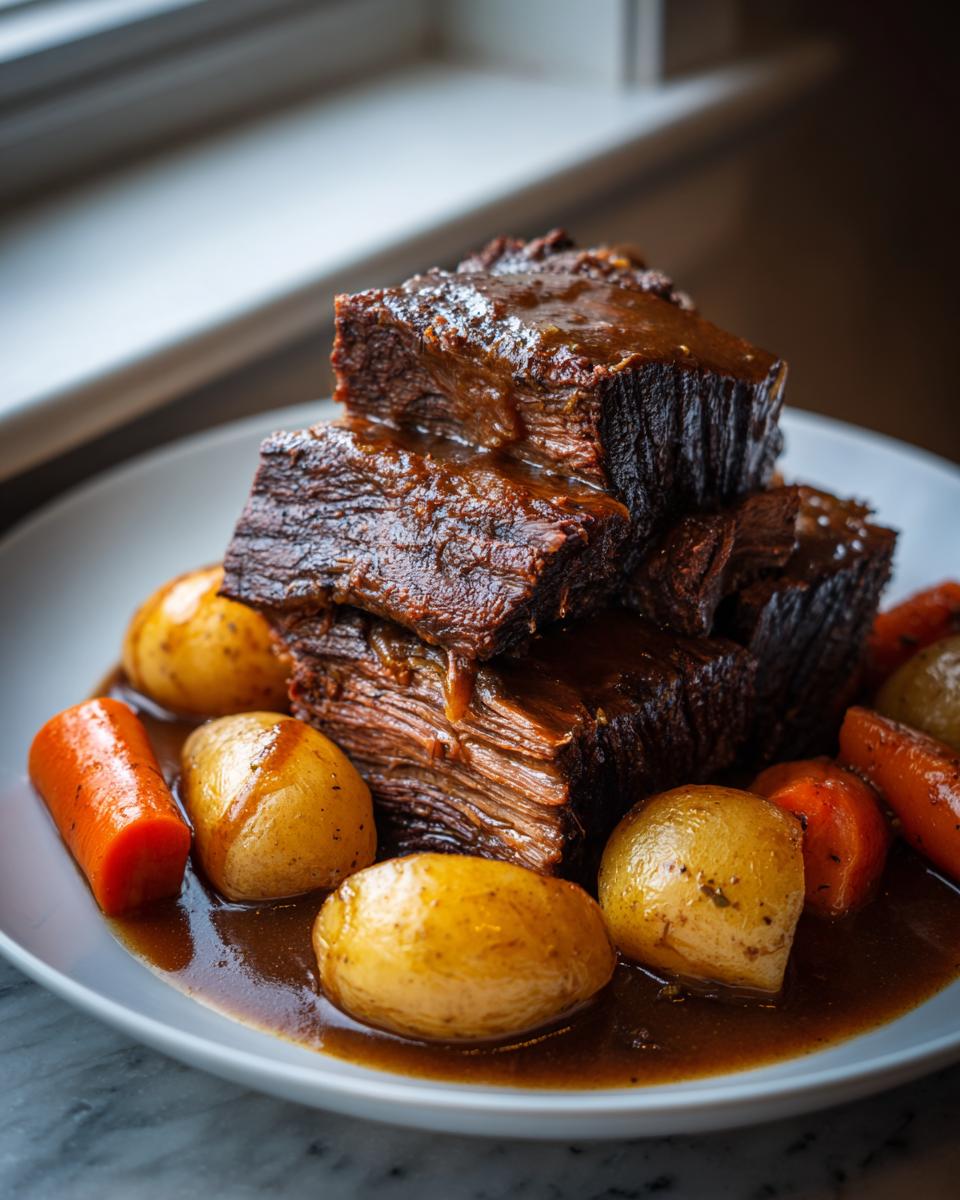 Stack of tender, shredded pot roast cubes covered in rich gravy, served with small roasted potatoes and carrots.