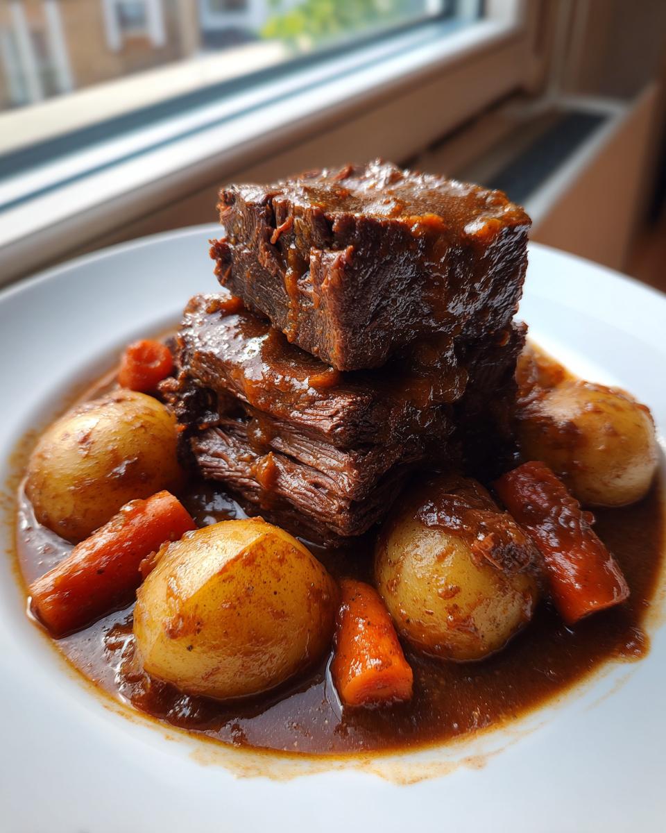 Stack of tender, saucy pot roast pieces served with whole potatoes and carrots in rich gravy.