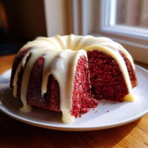 A vibrant red velvet bundt cake with a thick, white glaze dripping down the sides, a slice has been cut out.