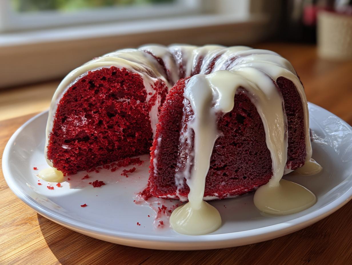 A vibrant red velvet bundt cake with a thick, white glaze dripping down the sides, served on a white plate.