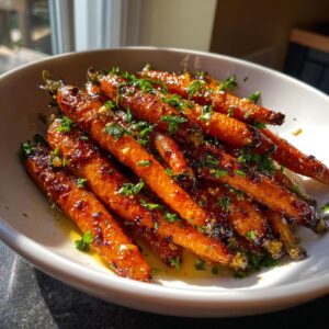A close-up of glistening, caramelized roasted baby carrots topped with fresh parsley in a white serving bowl.
