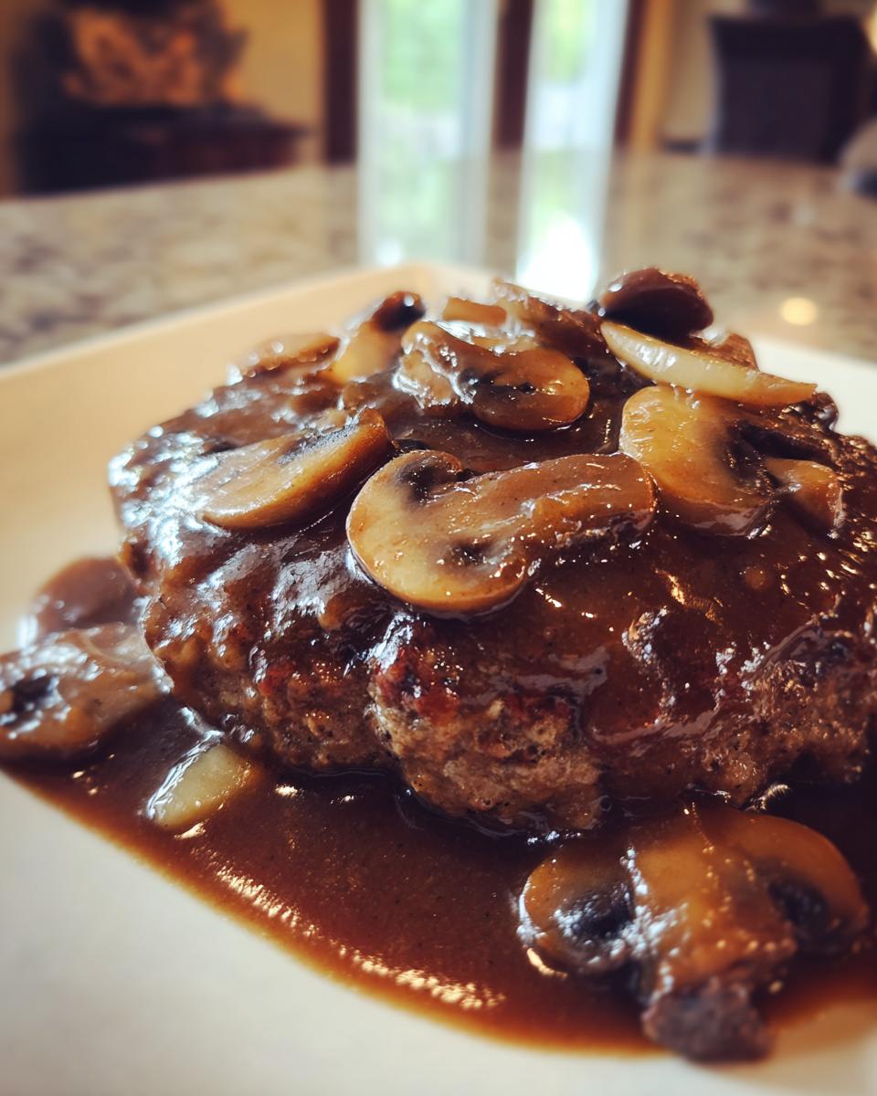 A close-up shot of a juicy salisbury steak smothered in rich brown gravy and topped with sliced mushrooms.