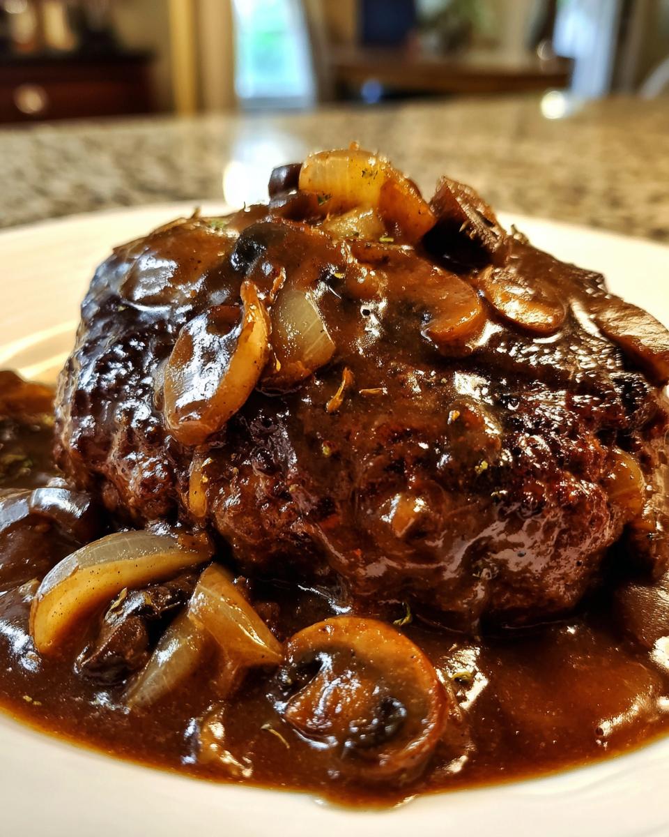 Close-up of a juicy salisbury steak smothered in rich brown gravy with sliced mushrooms and onions.