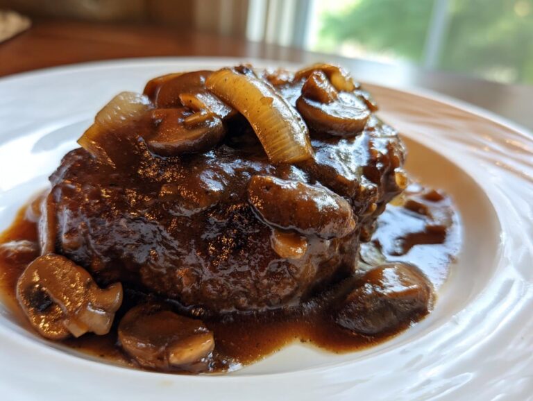 A close-up of a juicy salisbury steak smothered in rich brown gravy with sautéed mushrooms and onions.