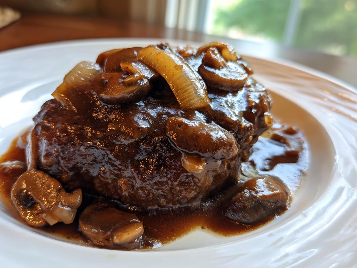 A close-up of a juicy salisbury steak smothered in rich brown gravy with sautéed mushrooms and onions.