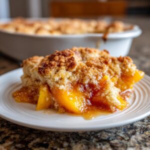 A close-up of a warm serving of southern peach cobbler with gooey peaches and a golden crumble topping on a white plate.