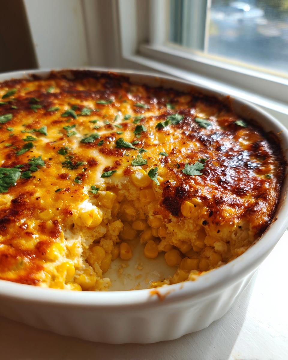 Close-up of a freshly baked street corn dip in a white casserole dish, showing a scoop removed to reveal creamy corn kernels.