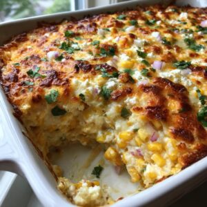 Close-up of a freshly baked, cheesy street corn dip in a white casserole dish with a serving removed.