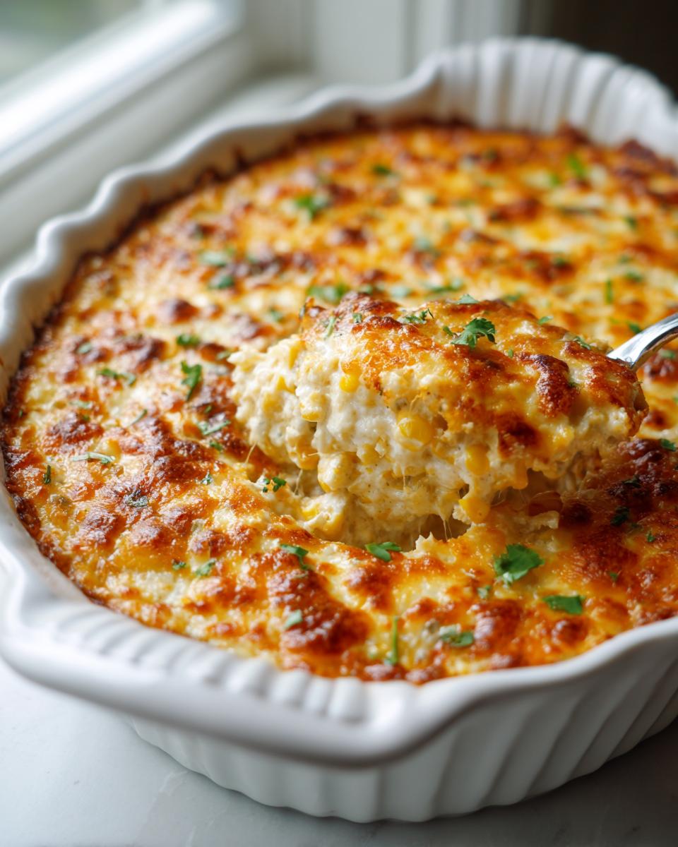 A spoonful of creamy, cheesy street corn dip being lifted from a white baking dish with a golden-brown, bubbly top.