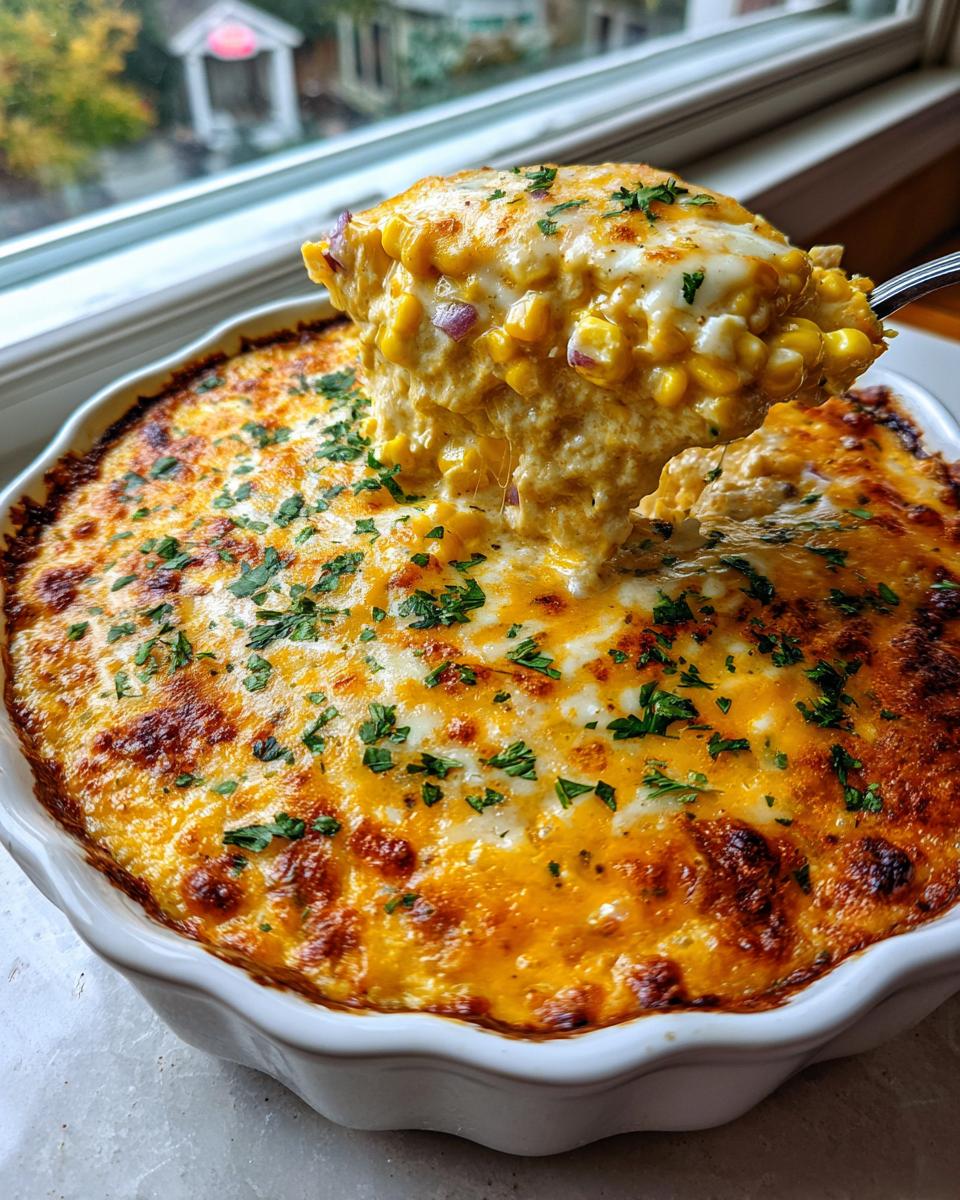 A spoonful of creamy, cheesy street corn dip being lifted from a white baking dish topped with browned cheese and parsley.