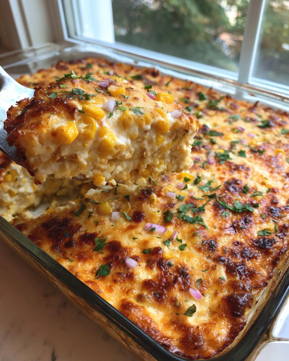 A spoonful of creamy, cheesy street corn dip being lifted from a glass baking dish, topped with corn kernels and herbs.