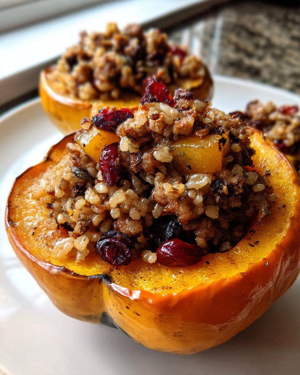 A close-up of a roasted acorn squash half filled with a savory stuffing mix featuring rice, meat, and dried cranberries, perfect for a stuffed acorn squash recipe.