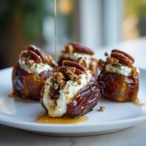 Four decadent stuffed dates topped with creamy filling, pecans, and drizzled with honey or syrup.