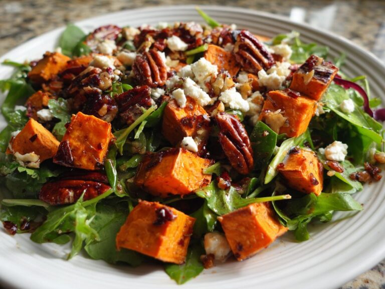 Close-up of a vibrant sweet potato salad featuring roasted orange sweet potato cubes, pecans, feta cheese, and greens.