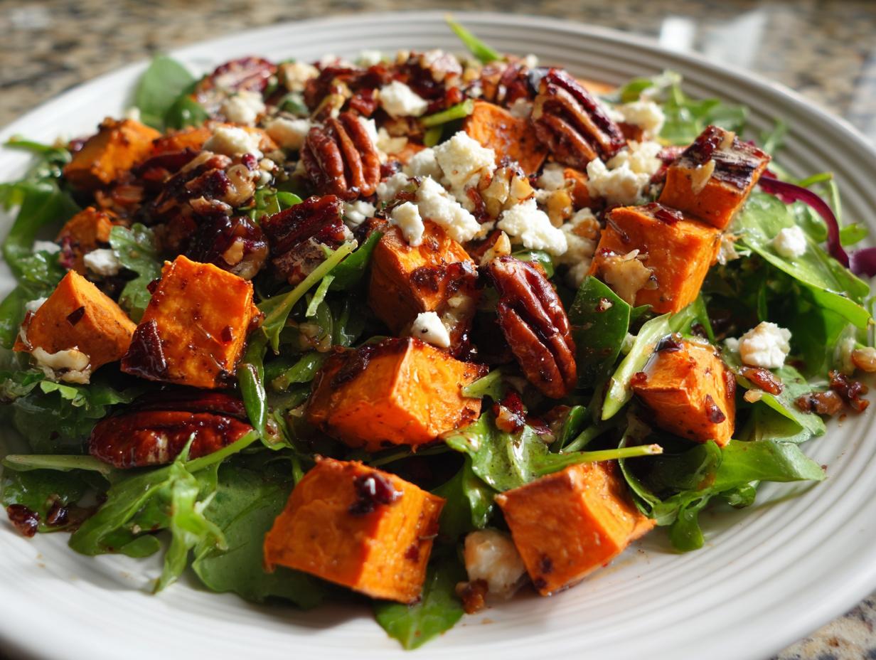 Close-up of a vibrant sweet potato salad featuring roasted orange sweet potato cubes, pecans, feta cheese, and greens.