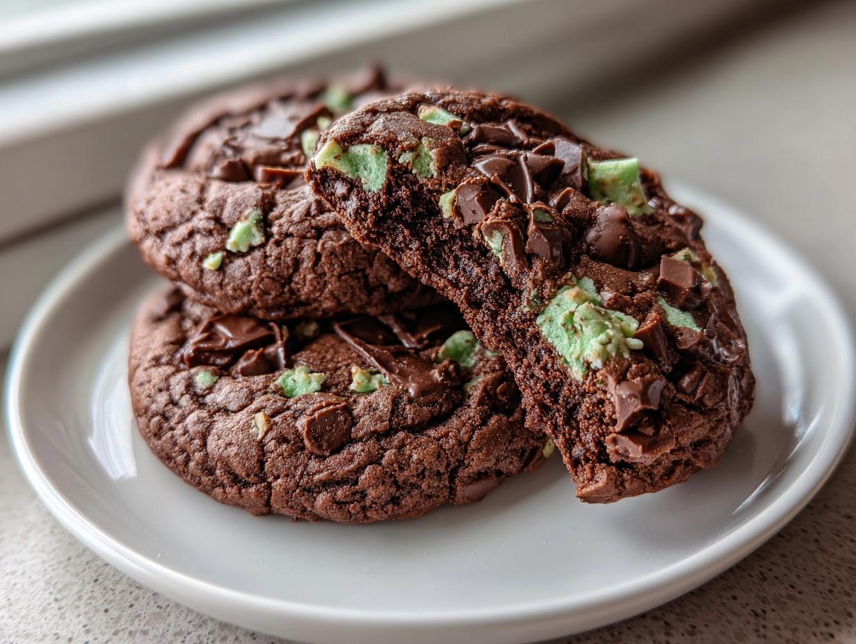 A stack of rich, dark chocolate Andes mint cookies, with one broken open revealing a soft interior and green mint chunks.
