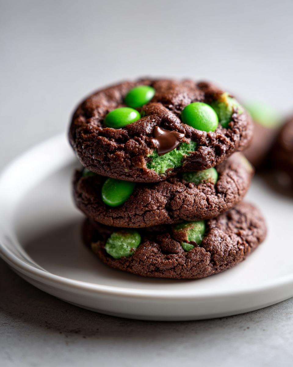 A stack of three rich, dark chocolate Andes Mint Cookies studded with bright green mint candies.