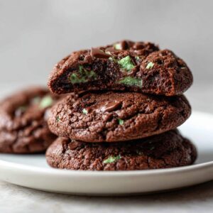 A stack of three rich, dark chocolate Andes mint cookies, one broken open to show the gooey green mint filling.