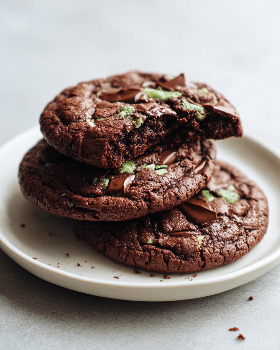 A stack of three rich, dark chocolate Andes mint cookies, with the top one broken to show the soft, fudgy interior and mint chips.