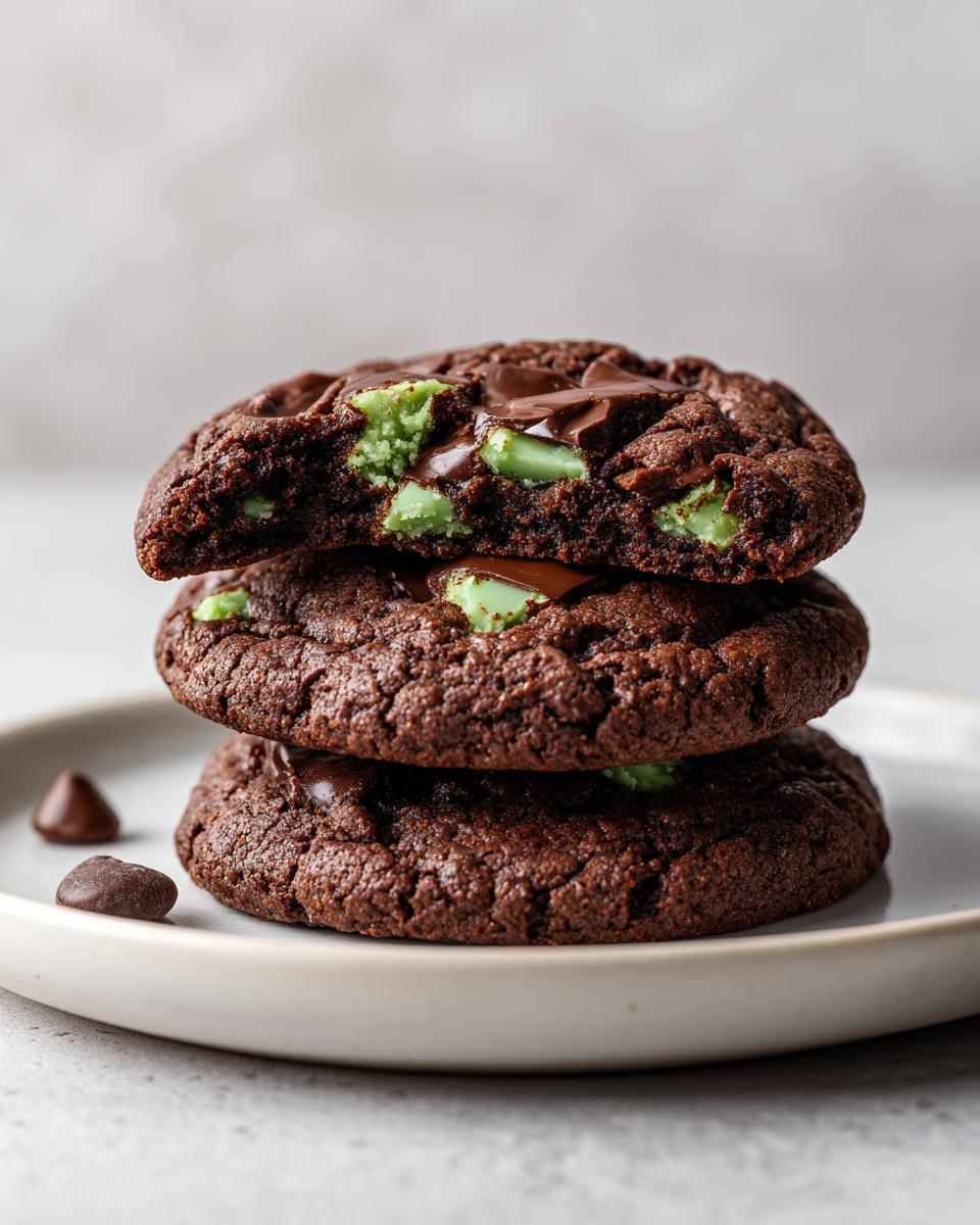 Three stacked, rich chocolate Andes Mint cookies, with the top one broken open revealing bright green mint chips.
