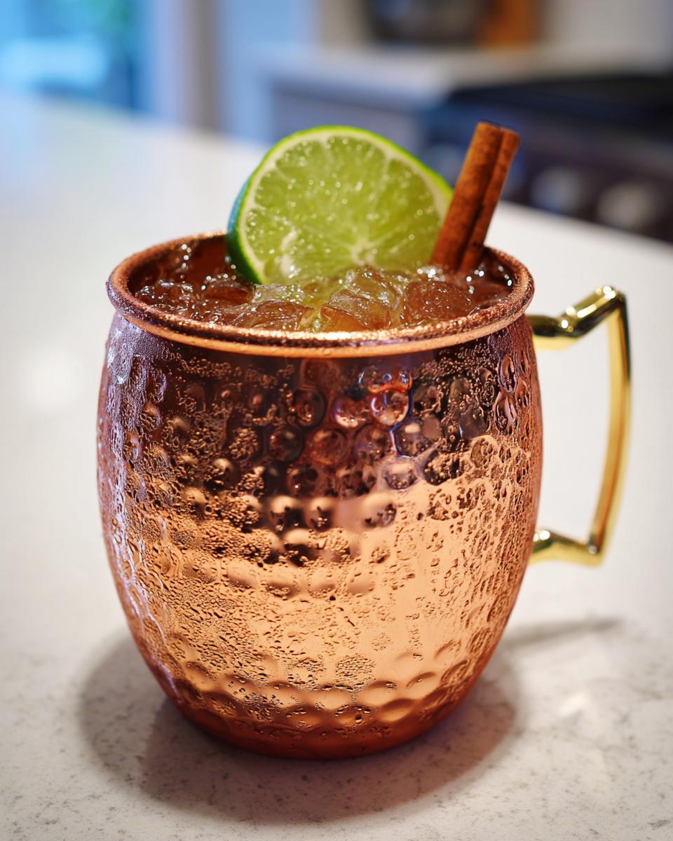 A cold apple cider moscow mule garnished with a lime wheel and cinnamon stick in a hammered copper mug.