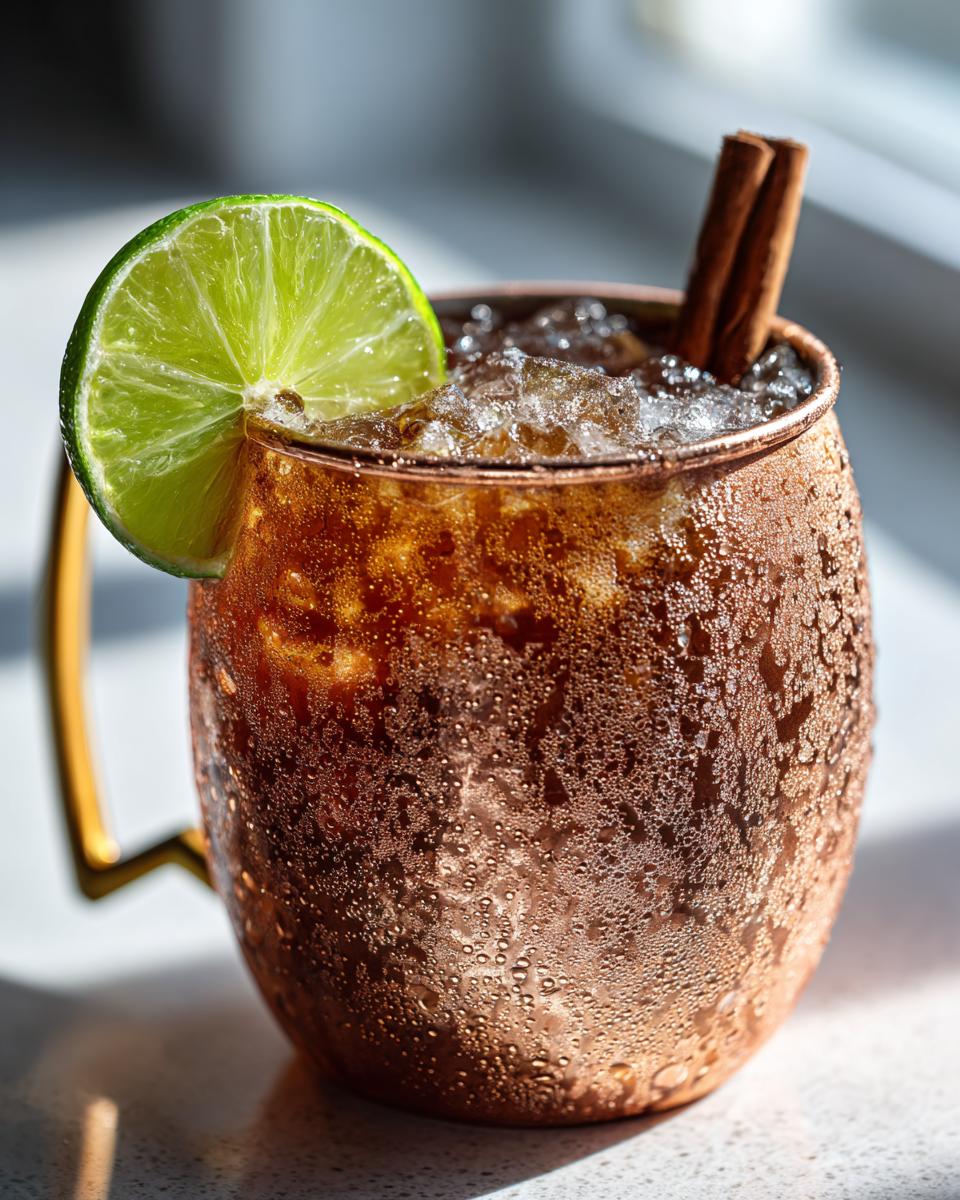 Close-up of a frosty apple cider moscow mule in a copper mug, garnished with a lime wheel and cinnamon sticks.