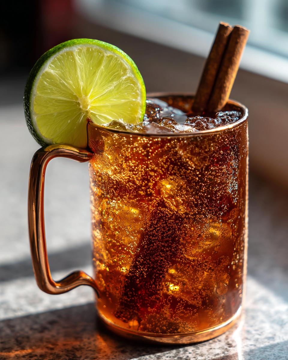 Close-up of a fizzy apple cider moscow mule garnished with a lime wheel and cinnamon sticks.